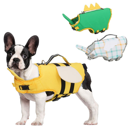 French bulldog in a yellow bee dog life jacket with wings, plus dinosaur and plaid styles