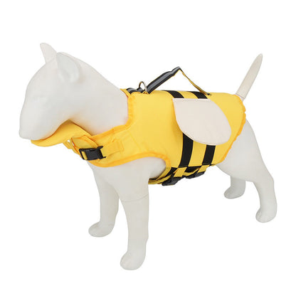 Yellow and black striped bee dog life jacket with white wings