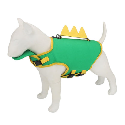 Green dinosaur dog life jacket with yellow spikes