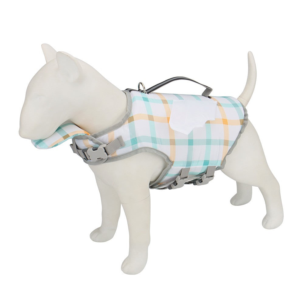 Plaid dog life jacket with white angel wings