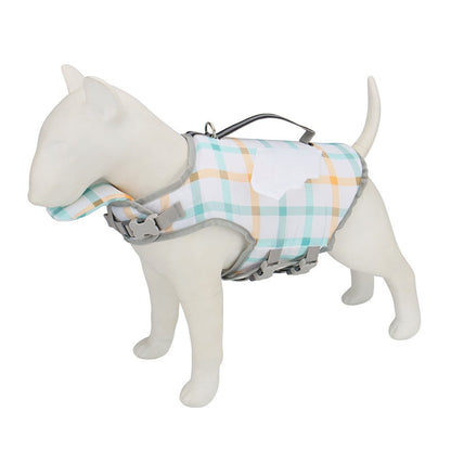 Plaid dog life jacket with white angel wings