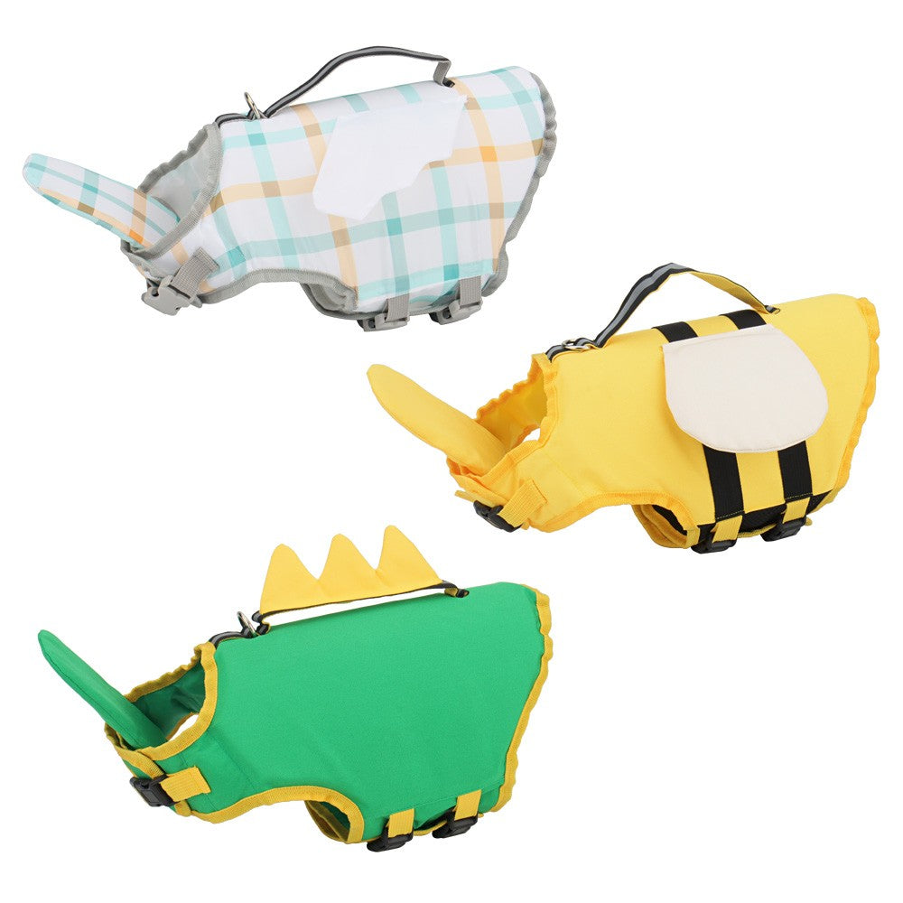 Bee, dinosaur and plaid angel dog life jackets side by side