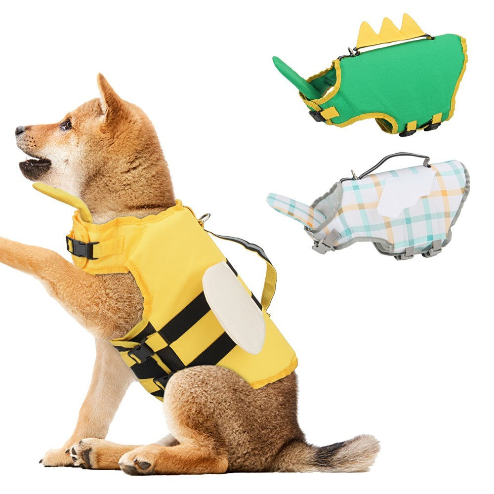 Shiba Inu wearing the yellow bee dog life jacket