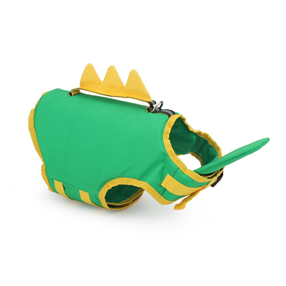 Green dinosaur dog life vest with a top handle