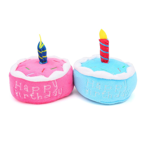 Pink and blue Happy Birthday plush cake dog toys with candles