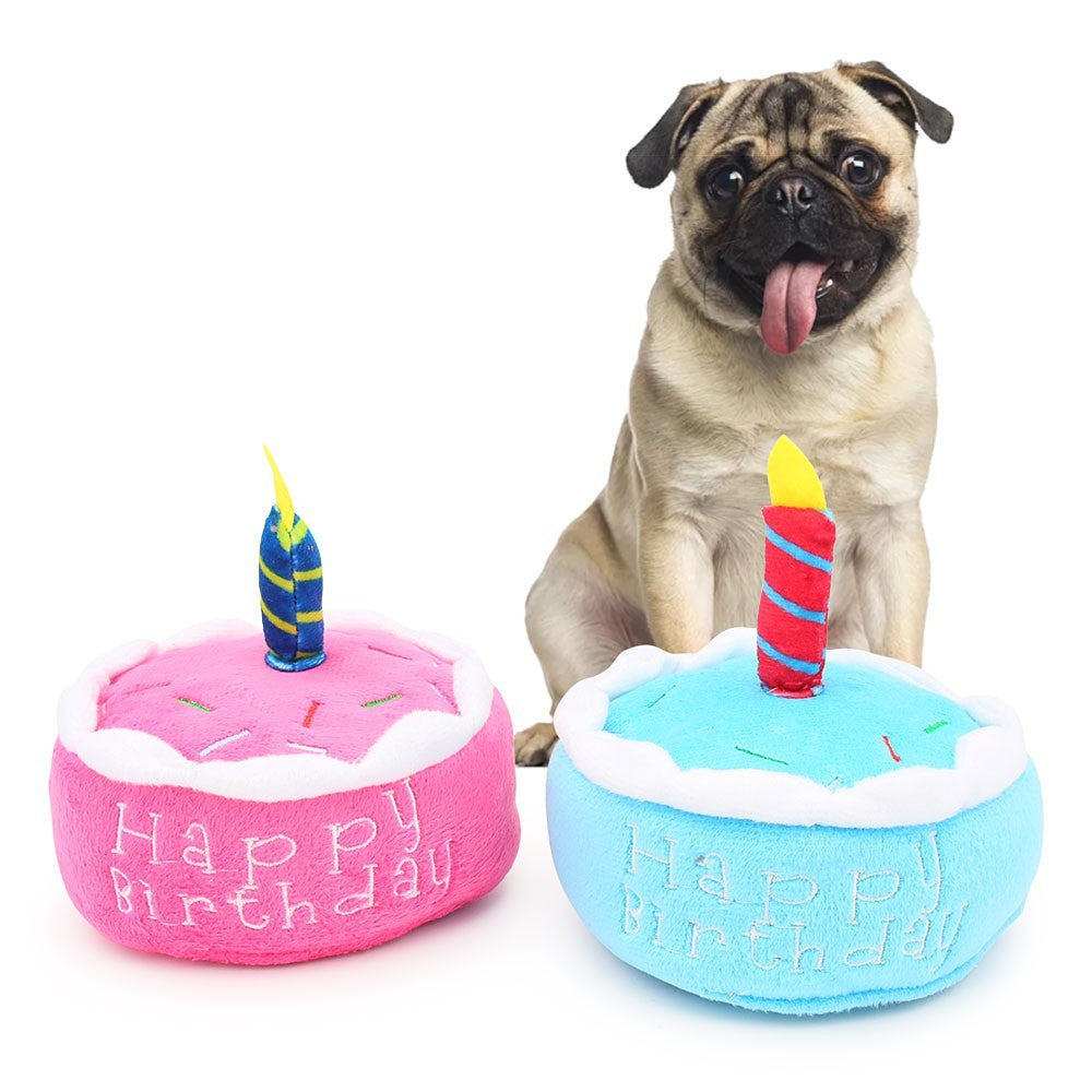 Pug sitting behind pink and blue birthday cake dog toys