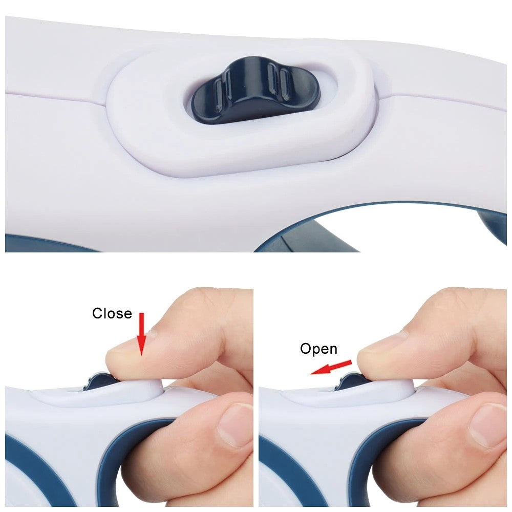 Brake switch on the retractable leash: push to lock, push to release