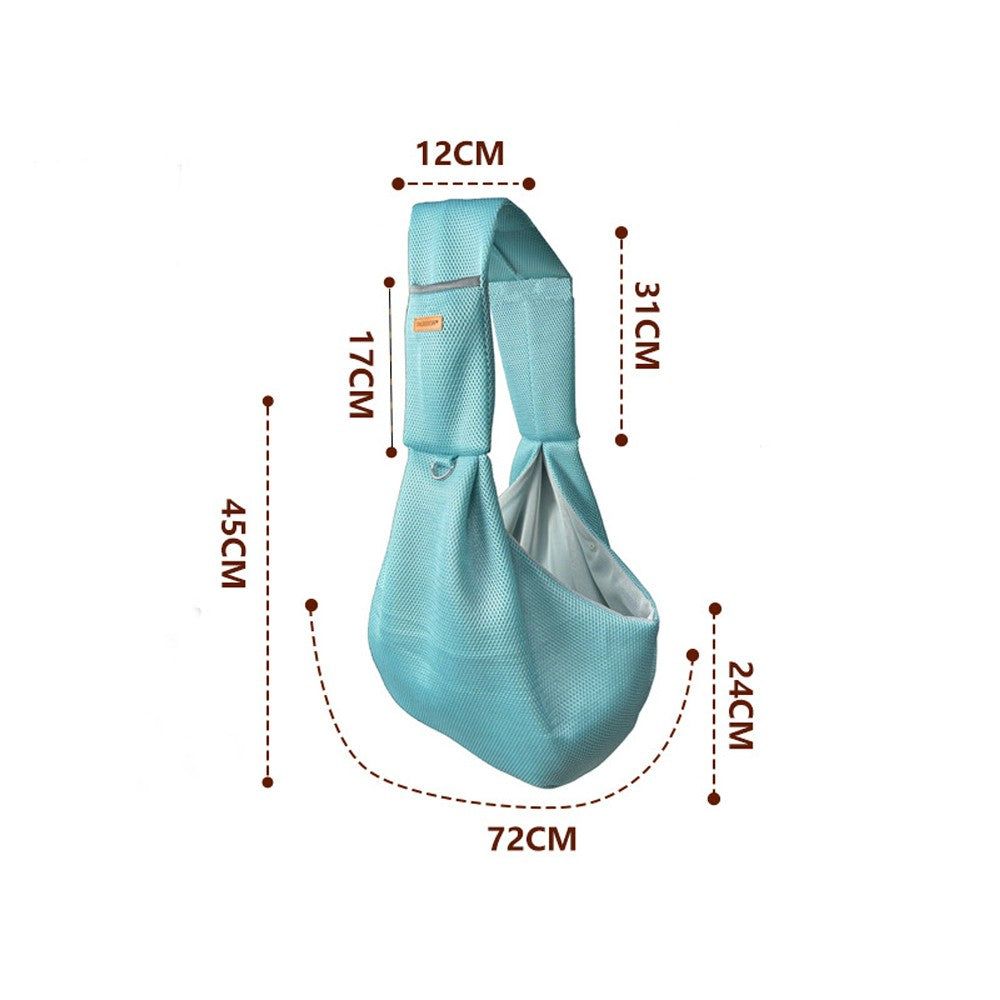 Breathable pet shoulder bag size: strap 31 cm, pouch about 72 cm round and 45 cm deep