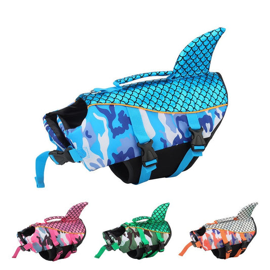 Blue camo shark dog life jacket with a scale-print fin, plus pink, green and orange