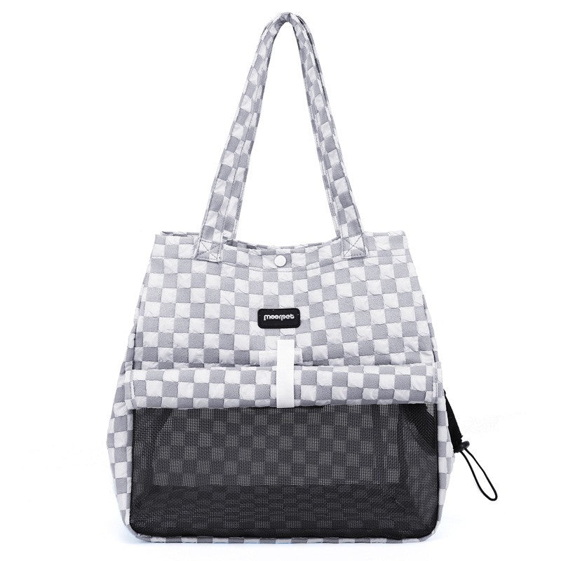 Gray check cat carrier bag with mesh front