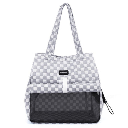 Gray check cat carrier bag with mesh front