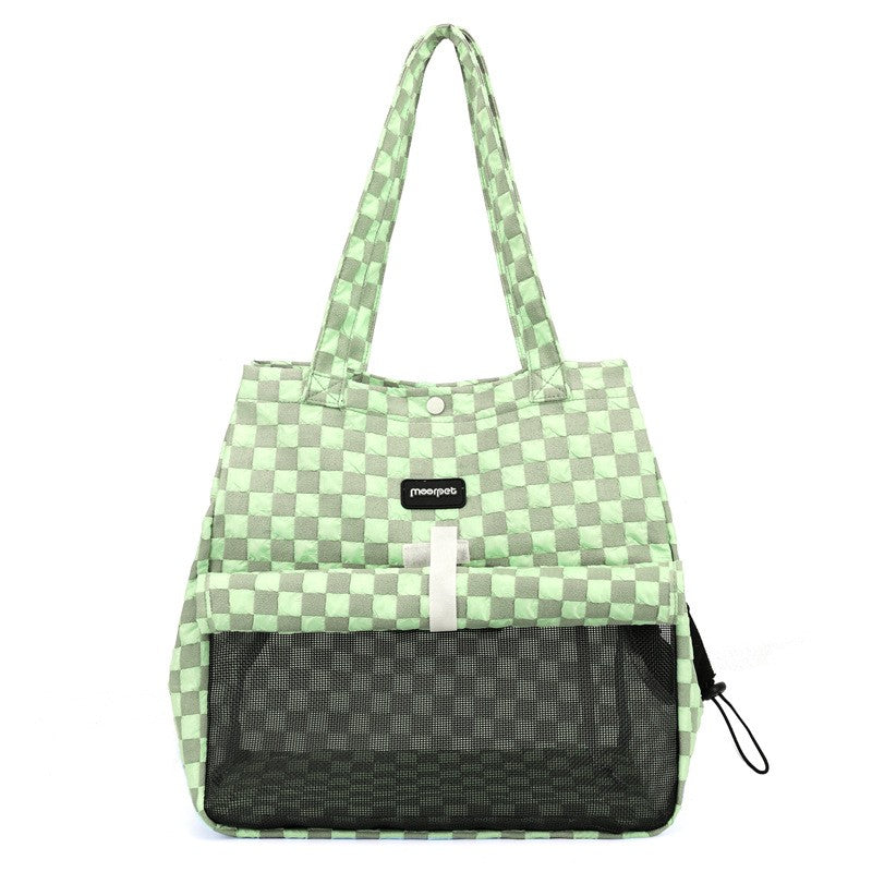 Green check cat carrier bag with mesh front