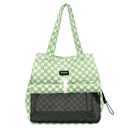 Green check cat carrier bag with mesh front