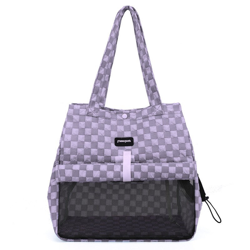 Purple check cat carrier bag with mesh front