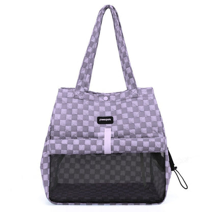 Purple check cat carrier bag with mesh front