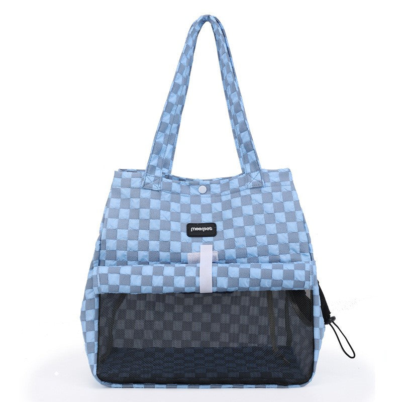 Blue check cat carrier bag with mesh front