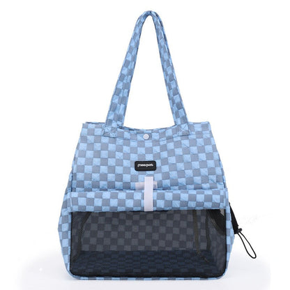 Blue check cat carrier bag with mesh front