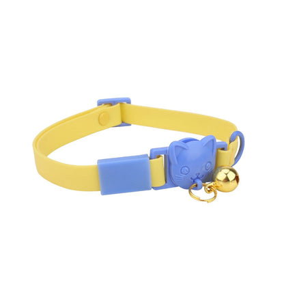 Yellow cat collar with bell and blue cat-head buckle