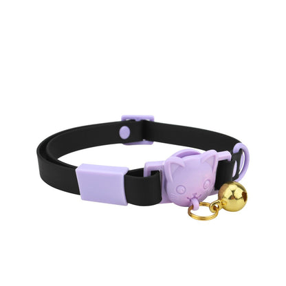 Black cat collar with bell and lilac cat-head buckle