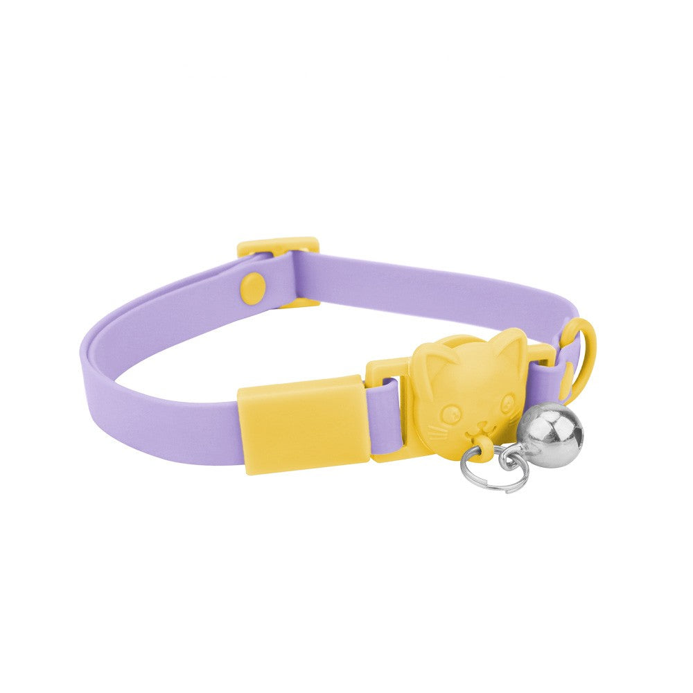 Lilac cat collar with bell and yellow cat-head buckle