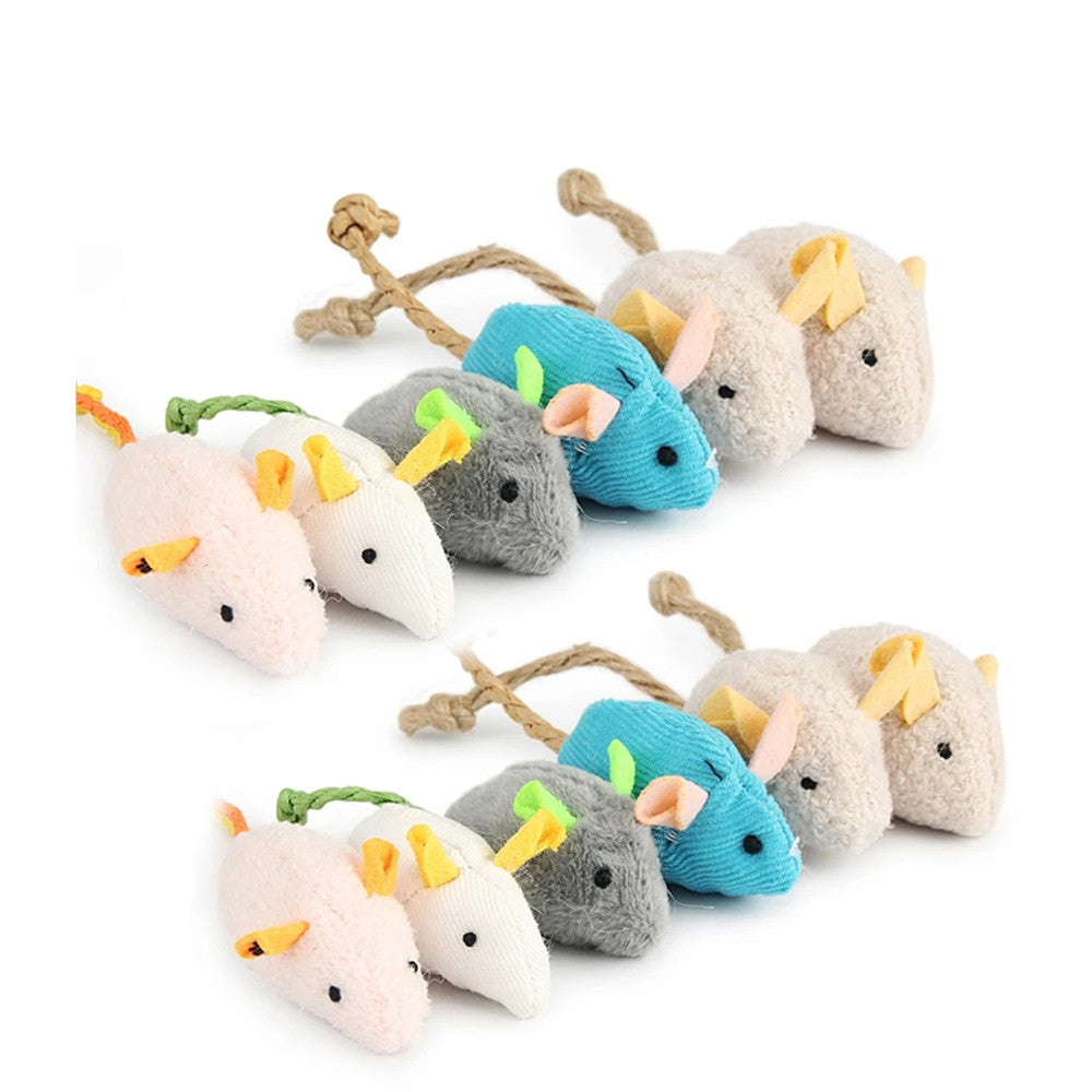Twelve plush cat mouse toys in mixed colours with rope tails