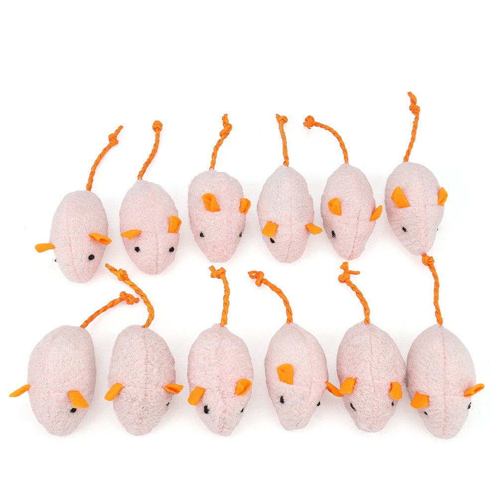 Twelve pink plush catnip mice with orange ears and tails