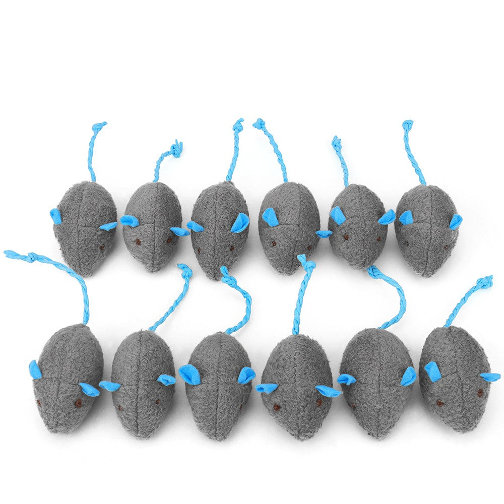 Twelve gray plush catnip mice with blue ears and tails