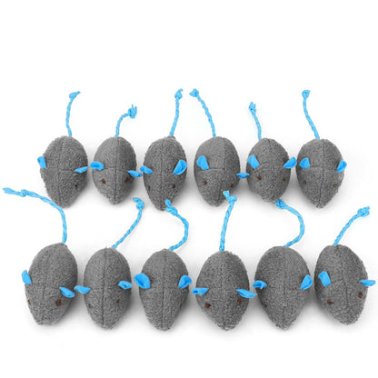 Twelve gray plush catnip mice with blue ears and tails