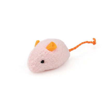Single pink catnip mouse cat toy with an orange rope tail
