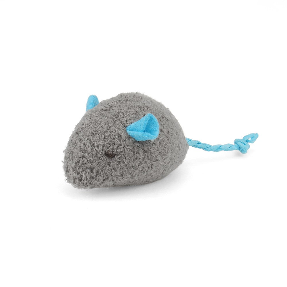 Single gray catnip mouse cat toy with blue ears