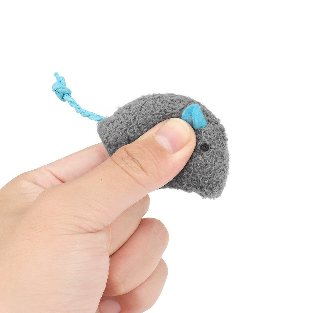 Small gray cat mouse toy held between two fingers