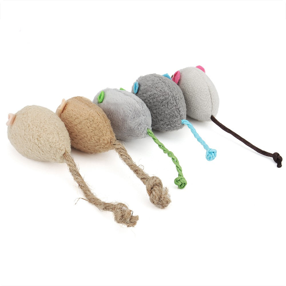 Row of plush cat mouse toys with rope tails
