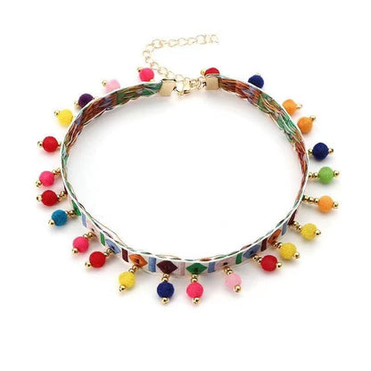 Boho cat necklace on a white woven band with rainbow beads