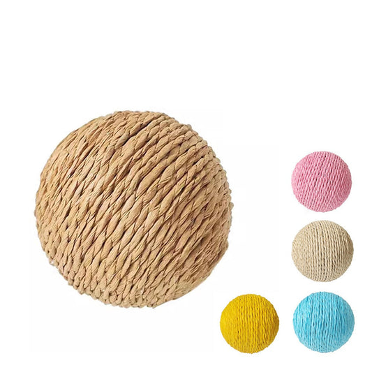 Cat scratcher ball made of tightly wound paper rope, shown in natural kraft