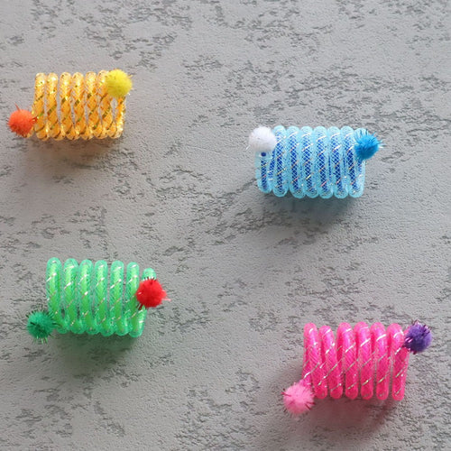 Four colourful cat spring toys with pom-pom ends