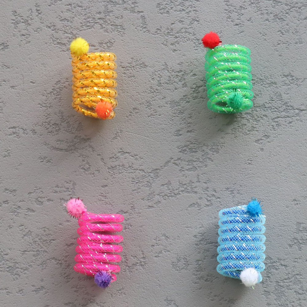Yellow, green, pink and blue coil springs for cats