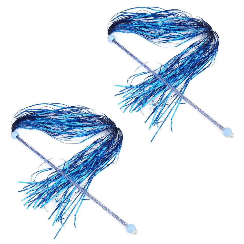 Two blue tinsel cat tassel wands