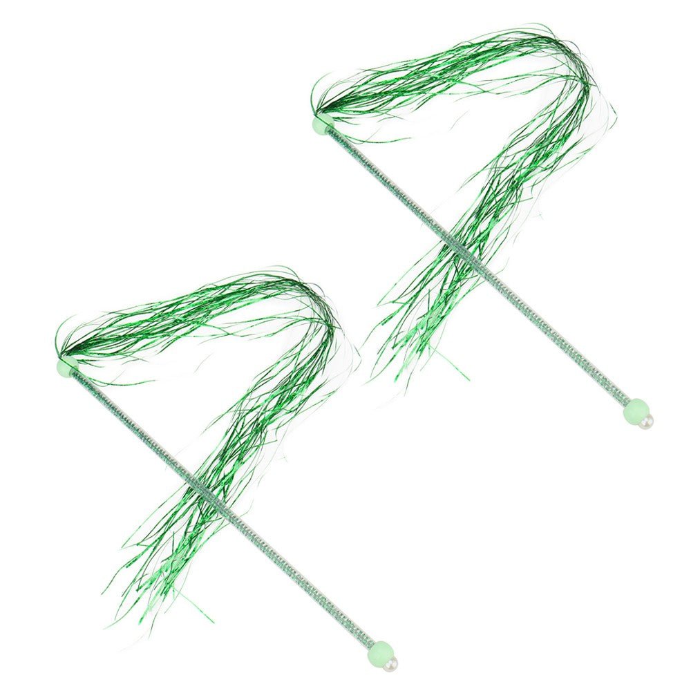 Two green tinsel cat tassel wands
