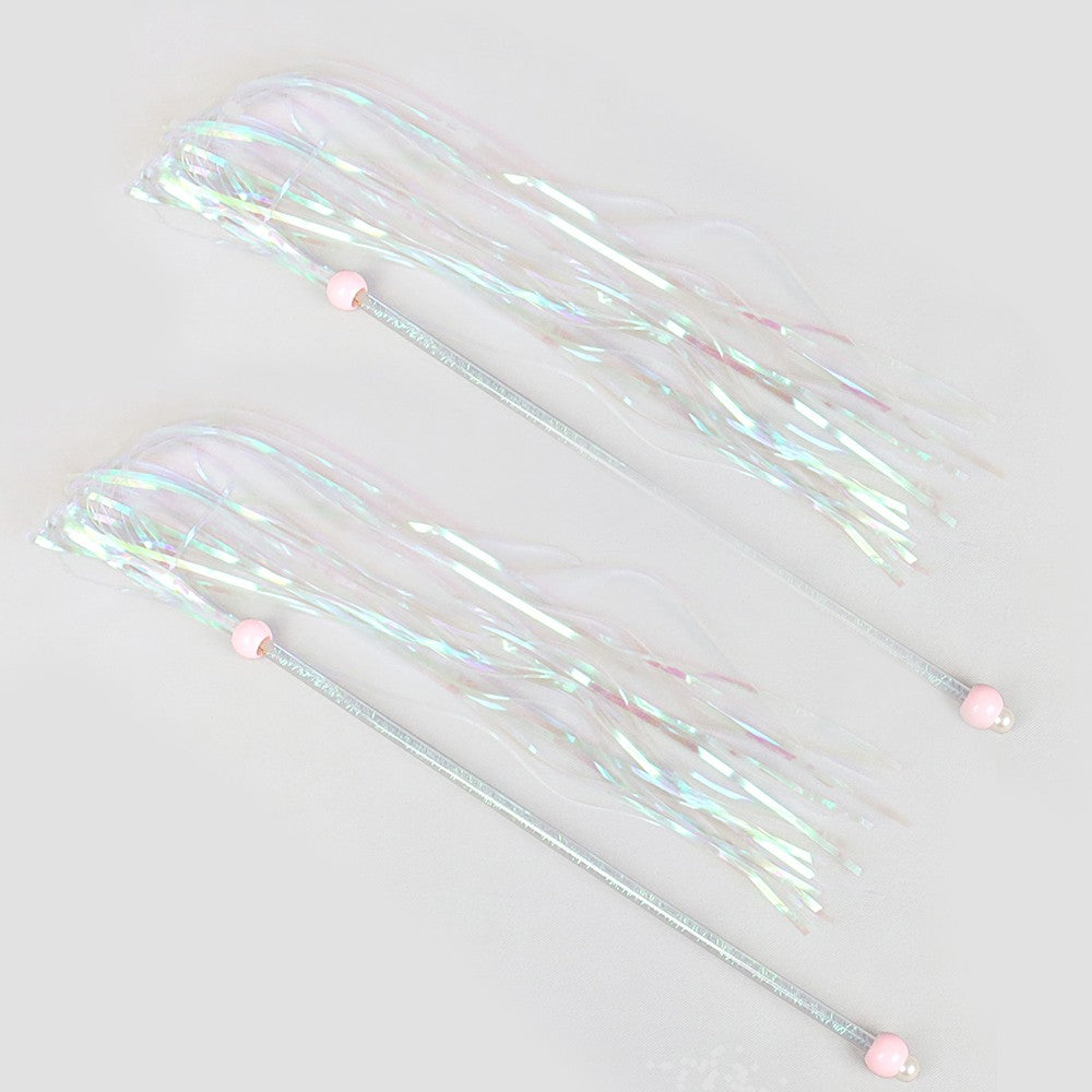 Two iridescent tinsel cat tassel wands