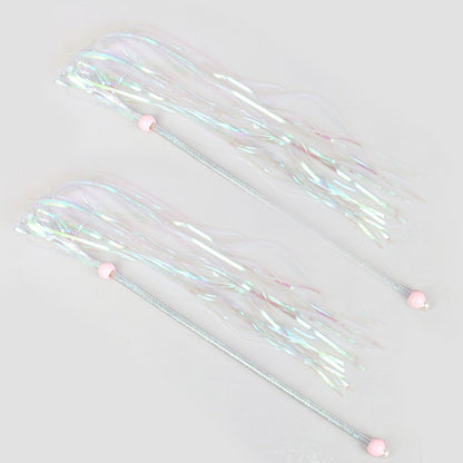 Two iridescent tinsel cat tassel wands
