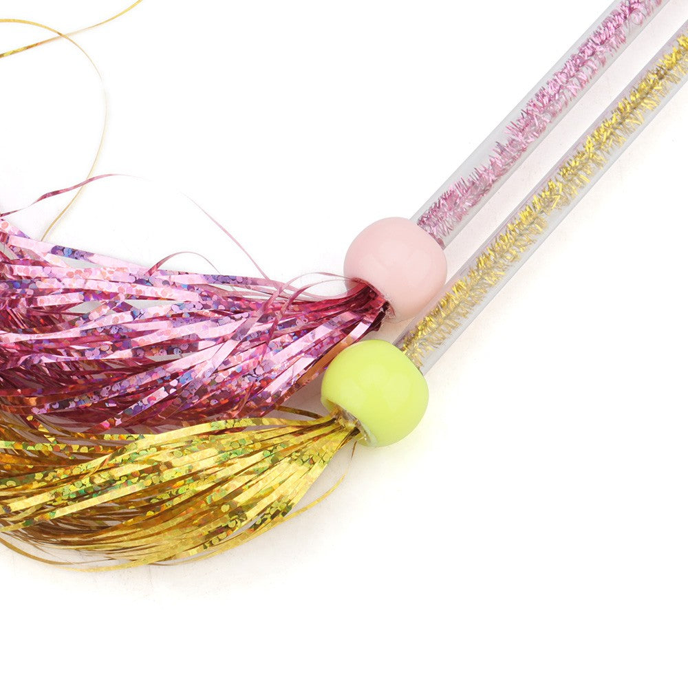 Close-up of the tinsel tassels and pearl bead ends