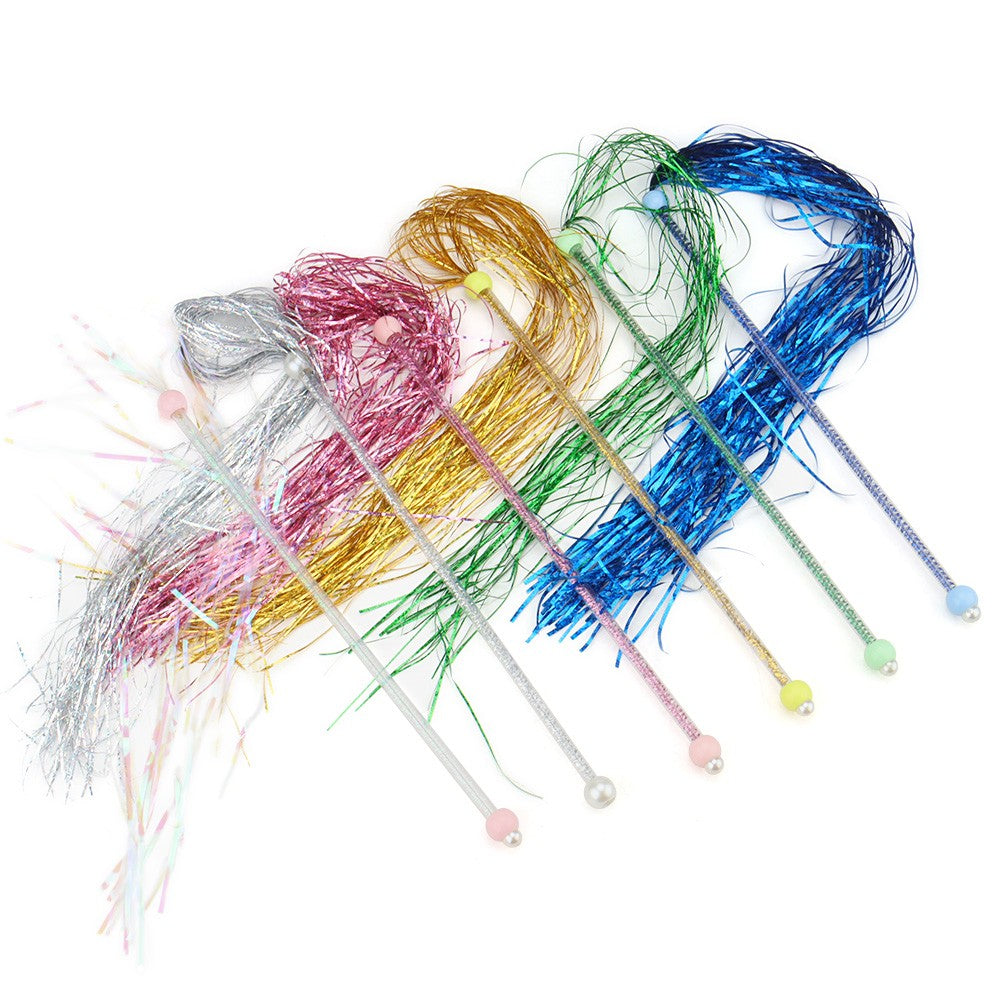 Cat tassel wands with sparkly tinsel in pink, gold, green, blue and silver