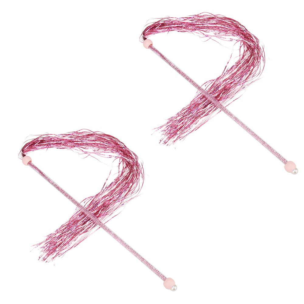 Two pink tinsel cat tassel wands
