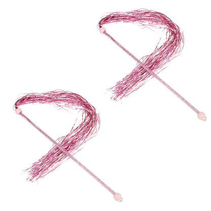 Two pink tinsel cat tassel wands