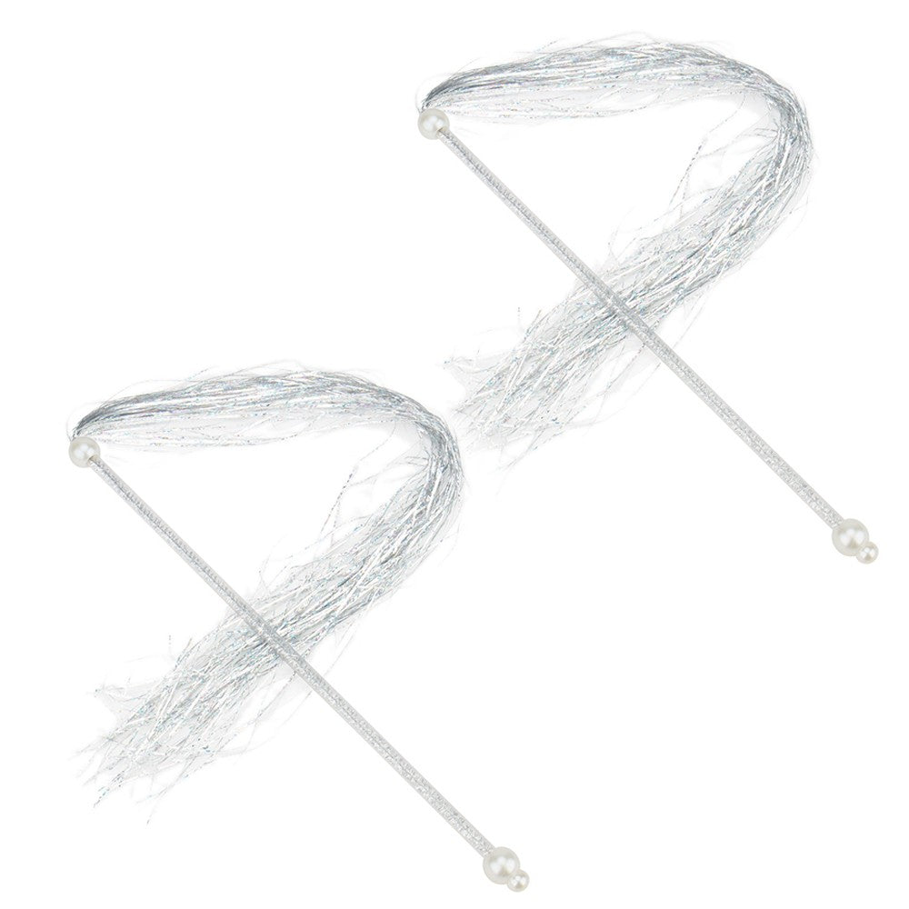 Two silver tinsel cat tassel wands