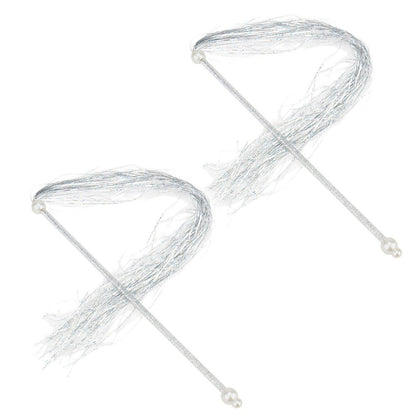 Two silver tinsel cat tassel wands