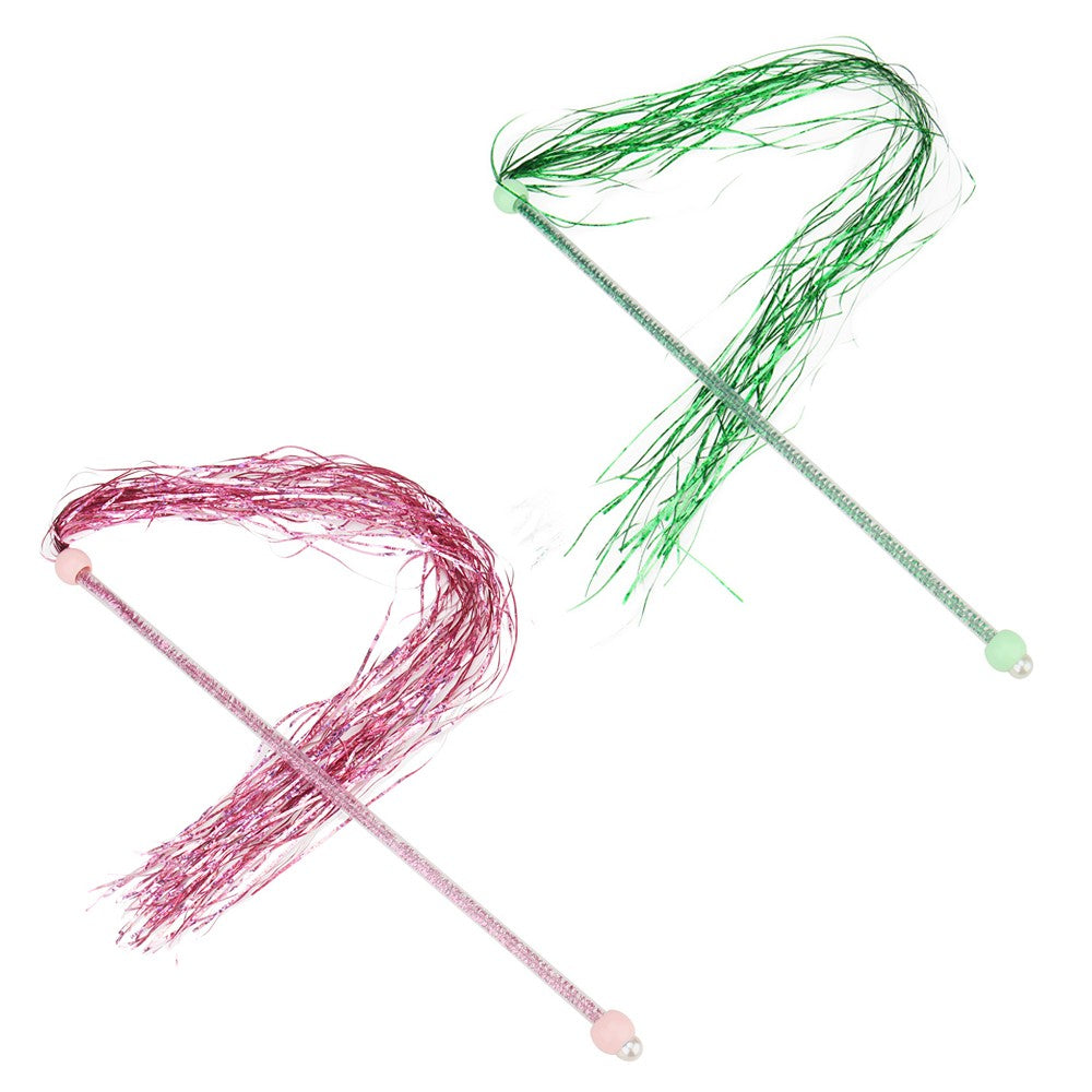 Pink and green tinsel cat tassel wands