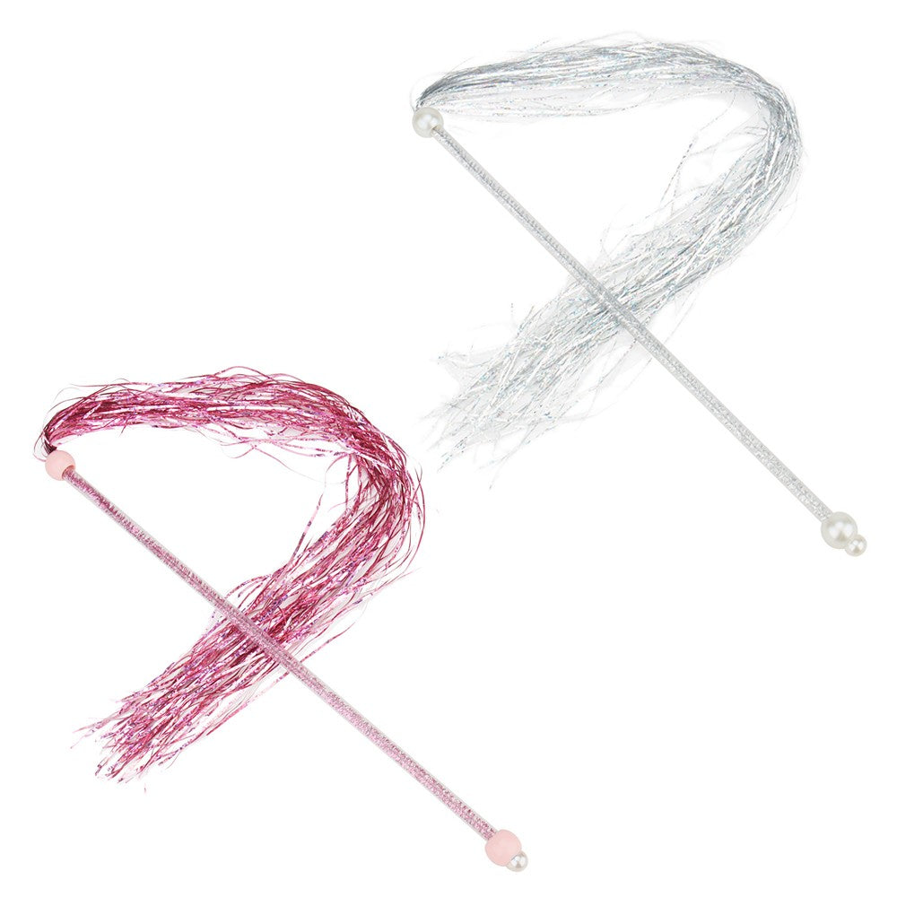 Pink and silver tinsel cat tassel wands