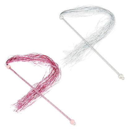 Pink and silver tinsel cat tassel wands