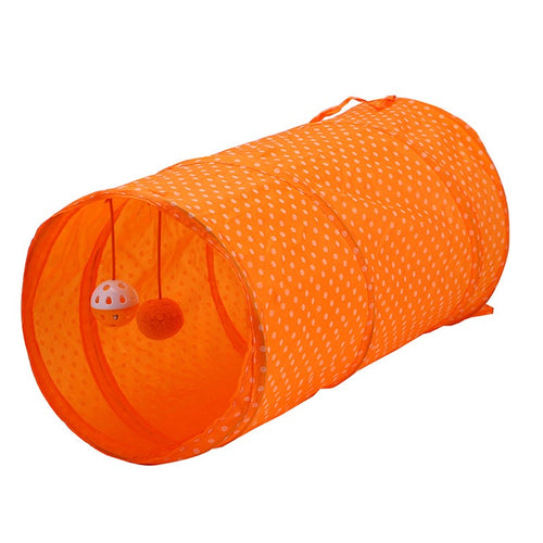Orange polka dot cat tunnel with a hanging ball inside